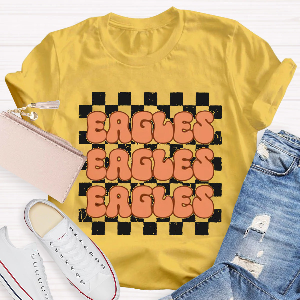 Personalized Mascot Eagles Chessboard pattern Teacher T-Shirt