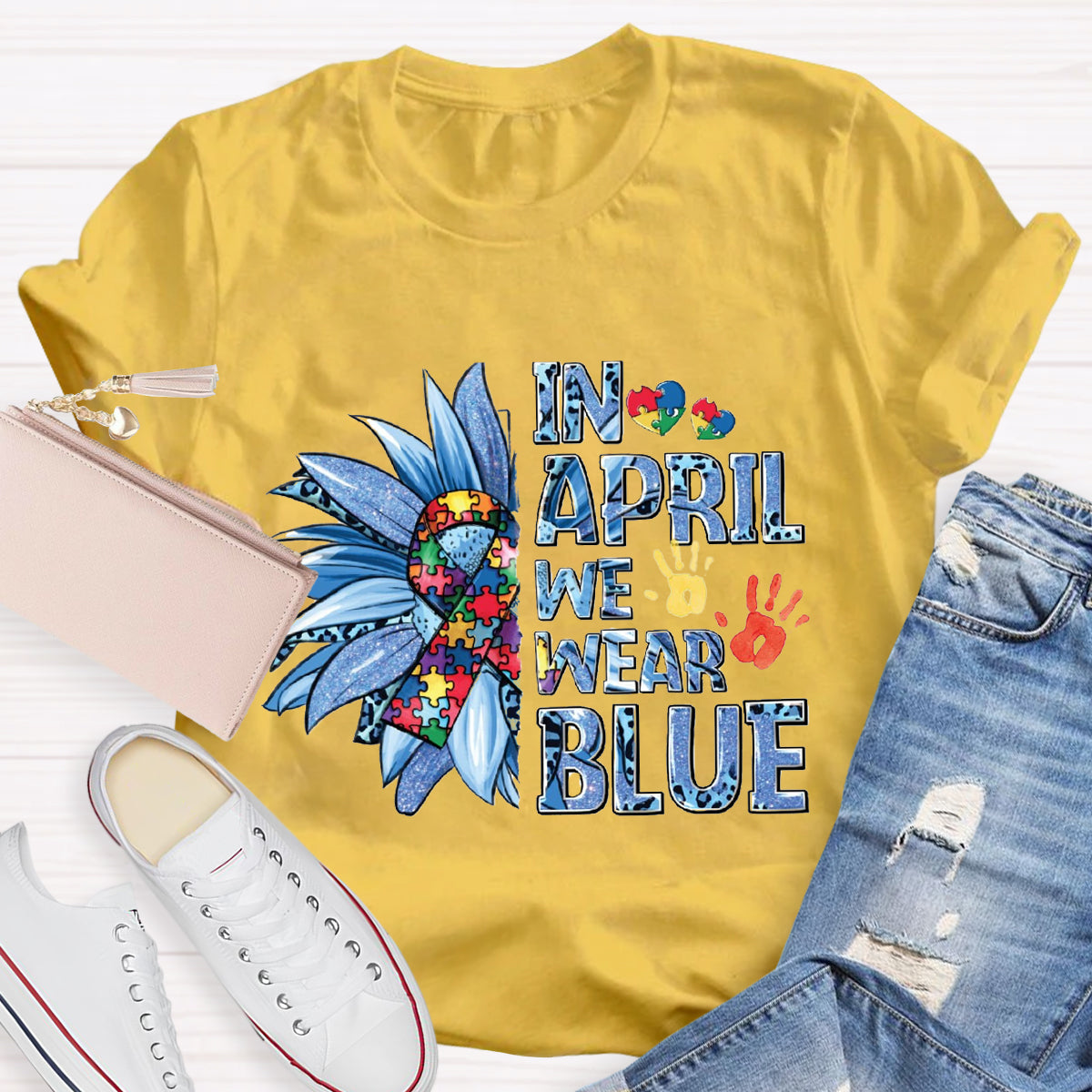 In April We Wear Blue Autism Awareness Puzzle Piece T-Shirt