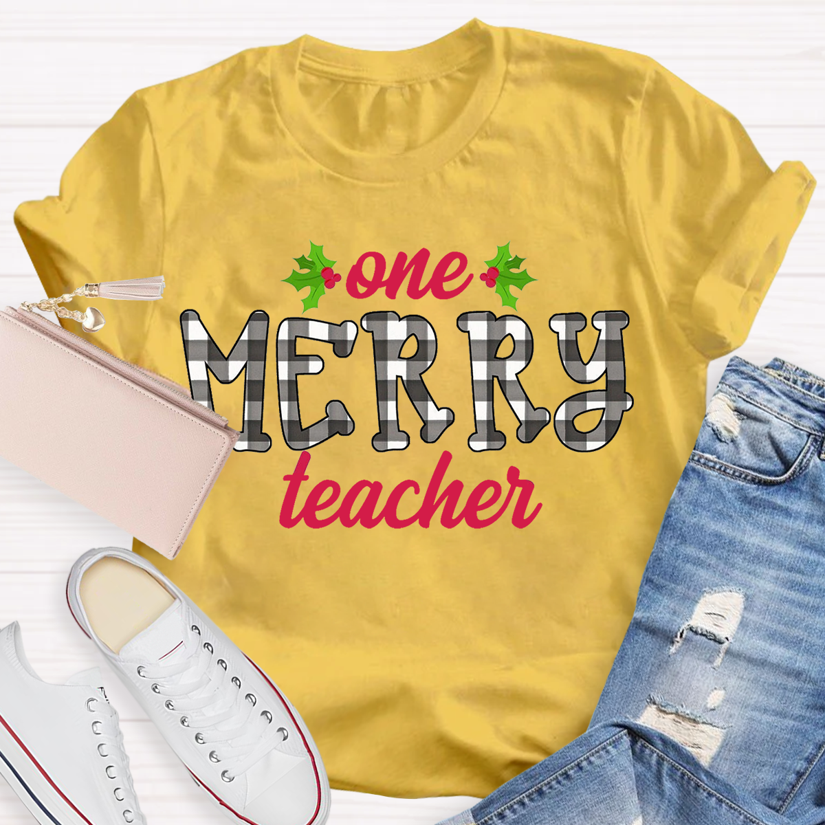 One Merry Teacher Christmas Plaid T-Shirt