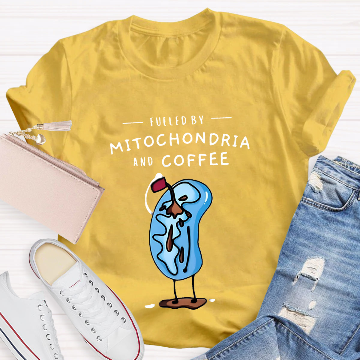 Fueled By Mitochondria And Coffee Funny Science Teacher T-Shirt