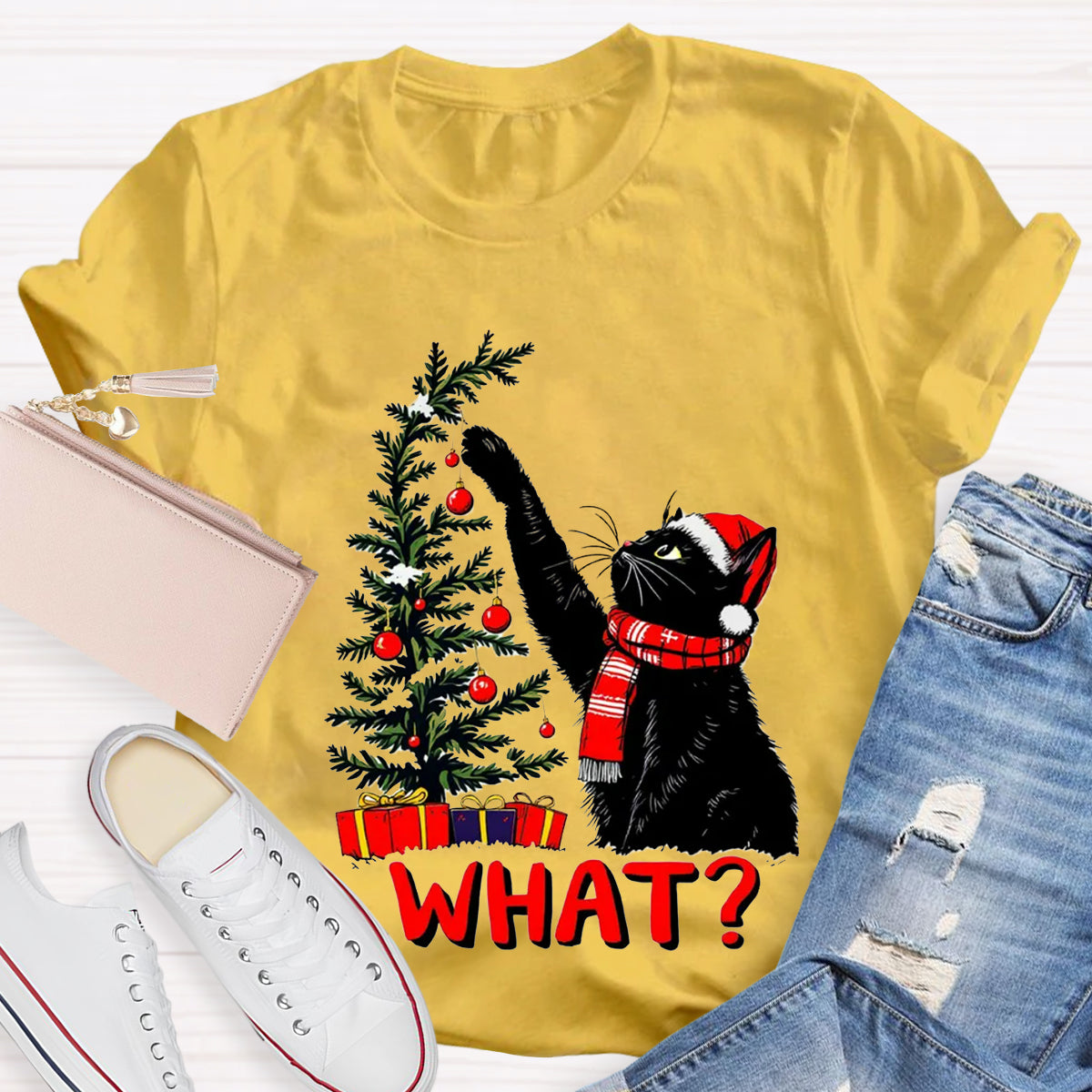 Black Cat Pushing Christmas Tree T-Shirt