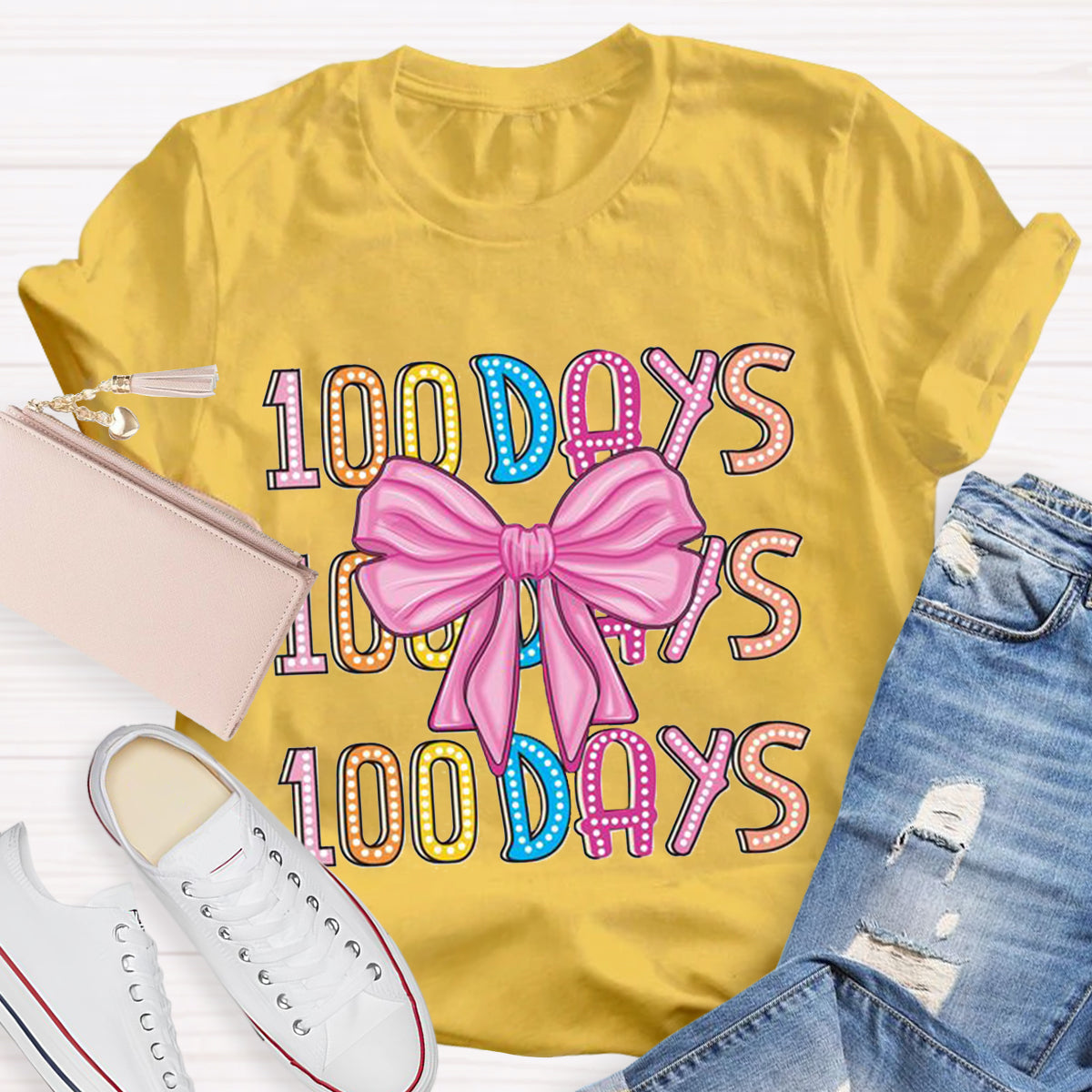 Happy 100 Days Of School  Polka Dot Bow  T-Shirt