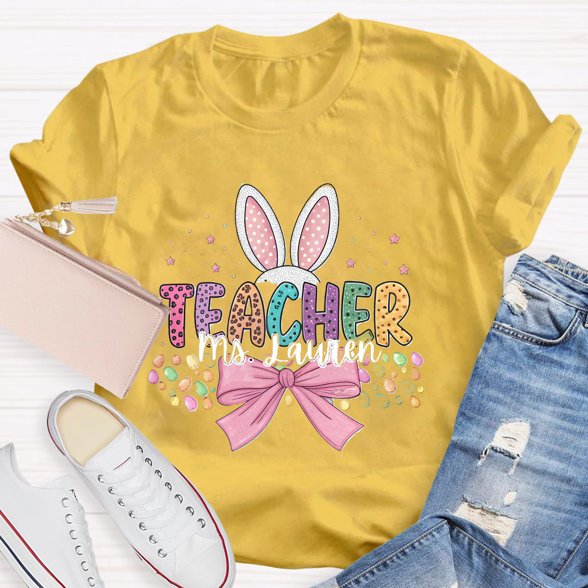 Personalized Name Bunny Teacher T-Shirt