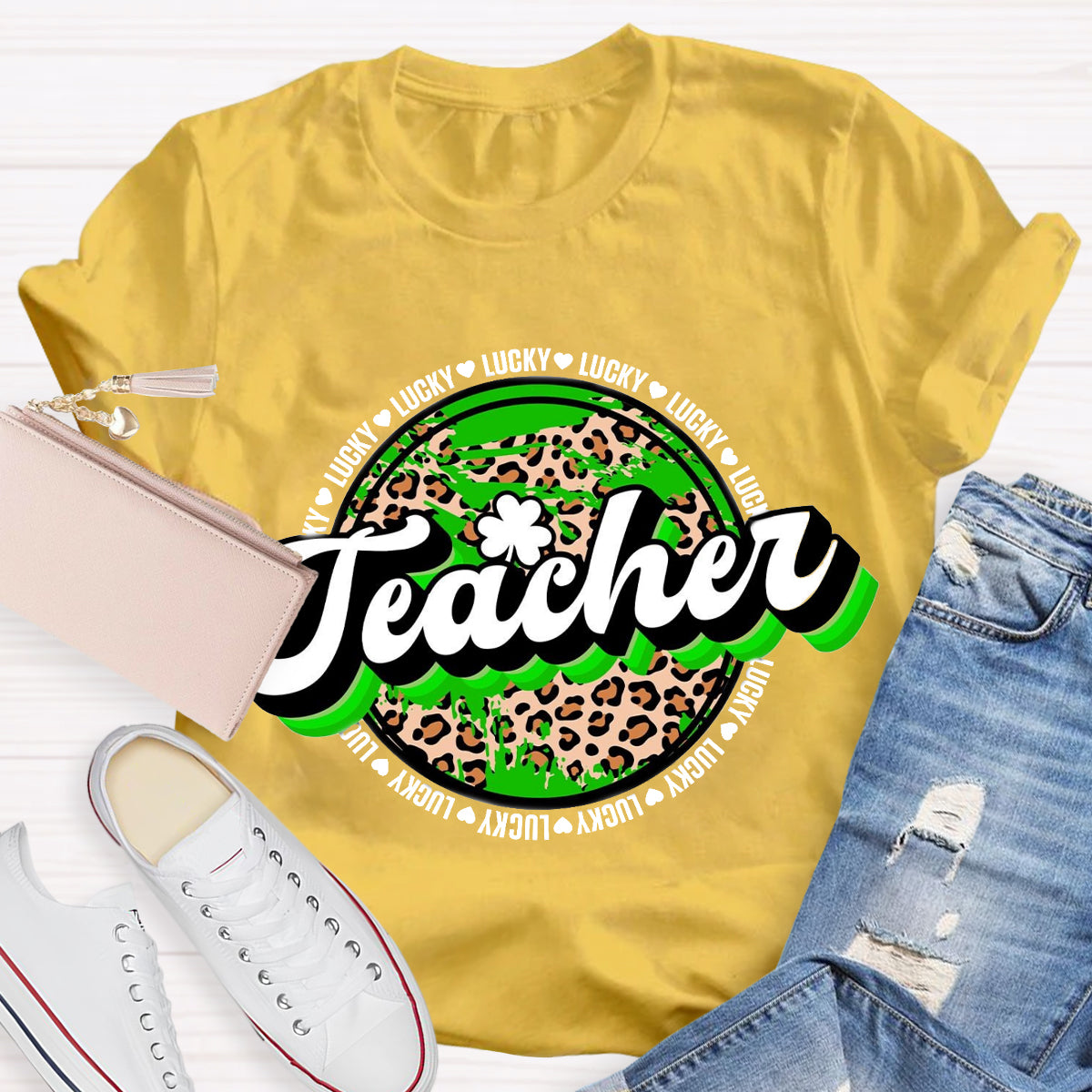 St. Patrick's Day Lucky Leopard Shamrock Teacher T-Shirt