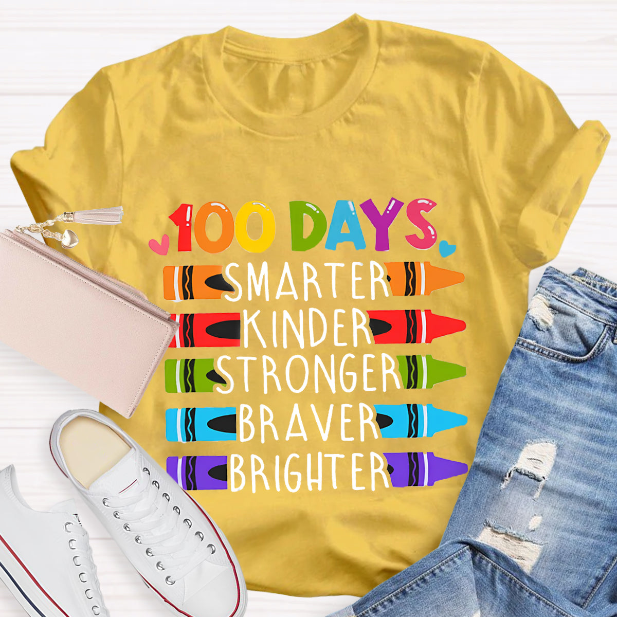 100 Days Smarter Kinder Stronger Crayon T-Shirt