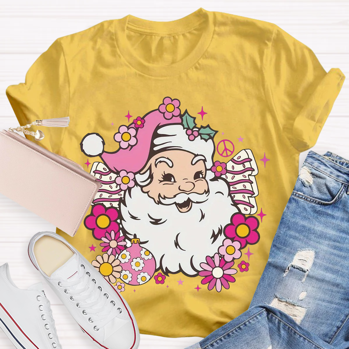 Hippie Santa Groovy Peace Christmas Teacher T-Shirt