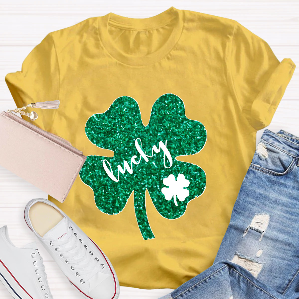 Green Glitter Shamrock Lucky Teacher T-Shirt