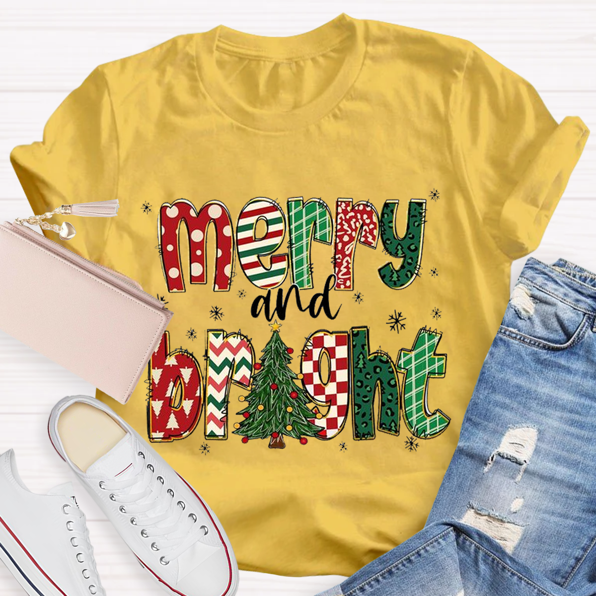 Merry and Bright Retro Christmas Tree Teacher T-Shirt