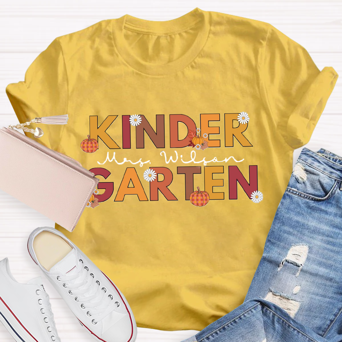 Personalized Name Fall Thanksgiving Kindergarten Teacher T-Shirt