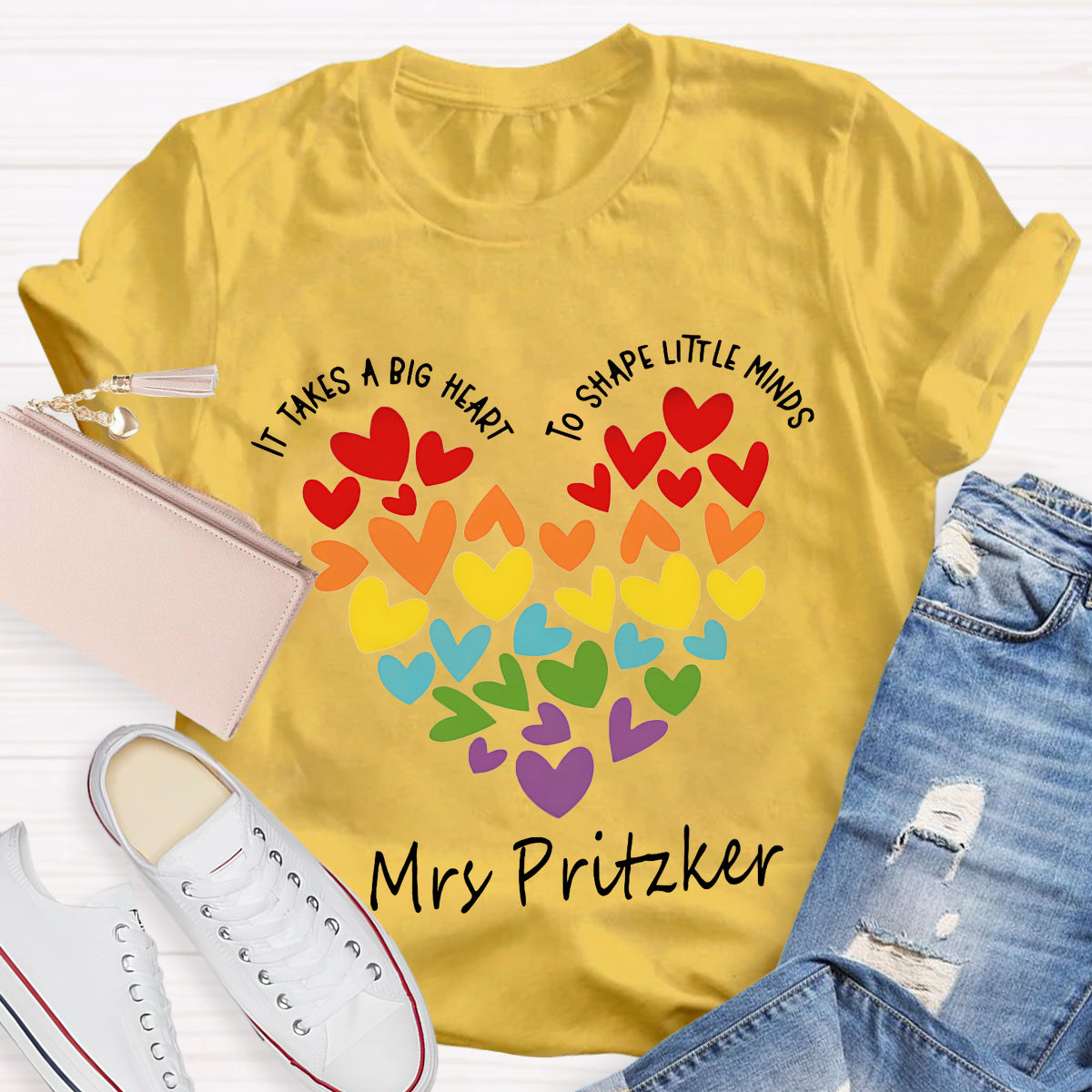 Personalized Name It Takes A Big Heart To Shape Little Minds Teacher T-Shirt