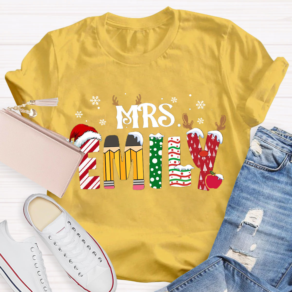 Personalized Name Christmas Teacher Emily T-Shirt