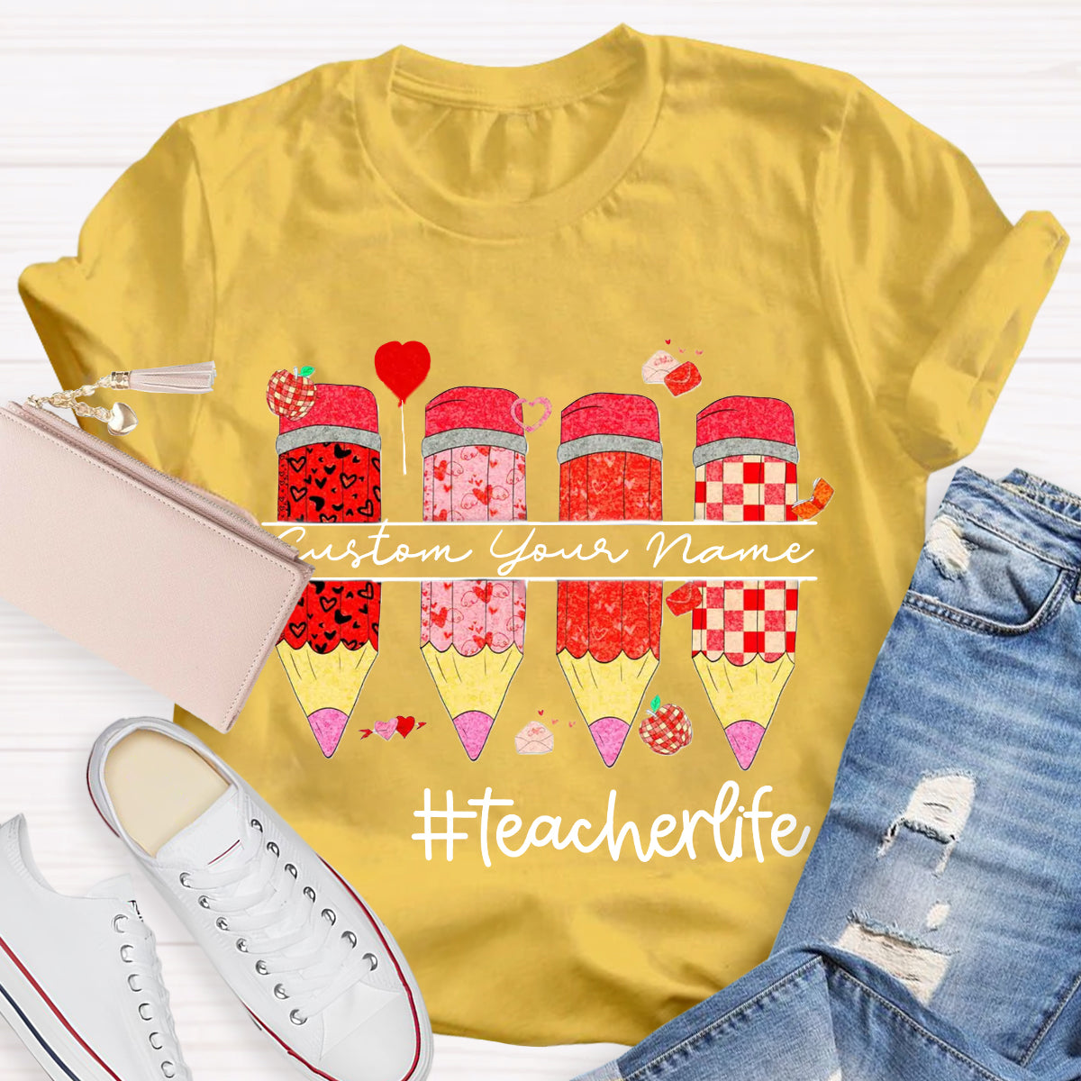 Personalized Name Red Pencil Teacher Life T-Shirt