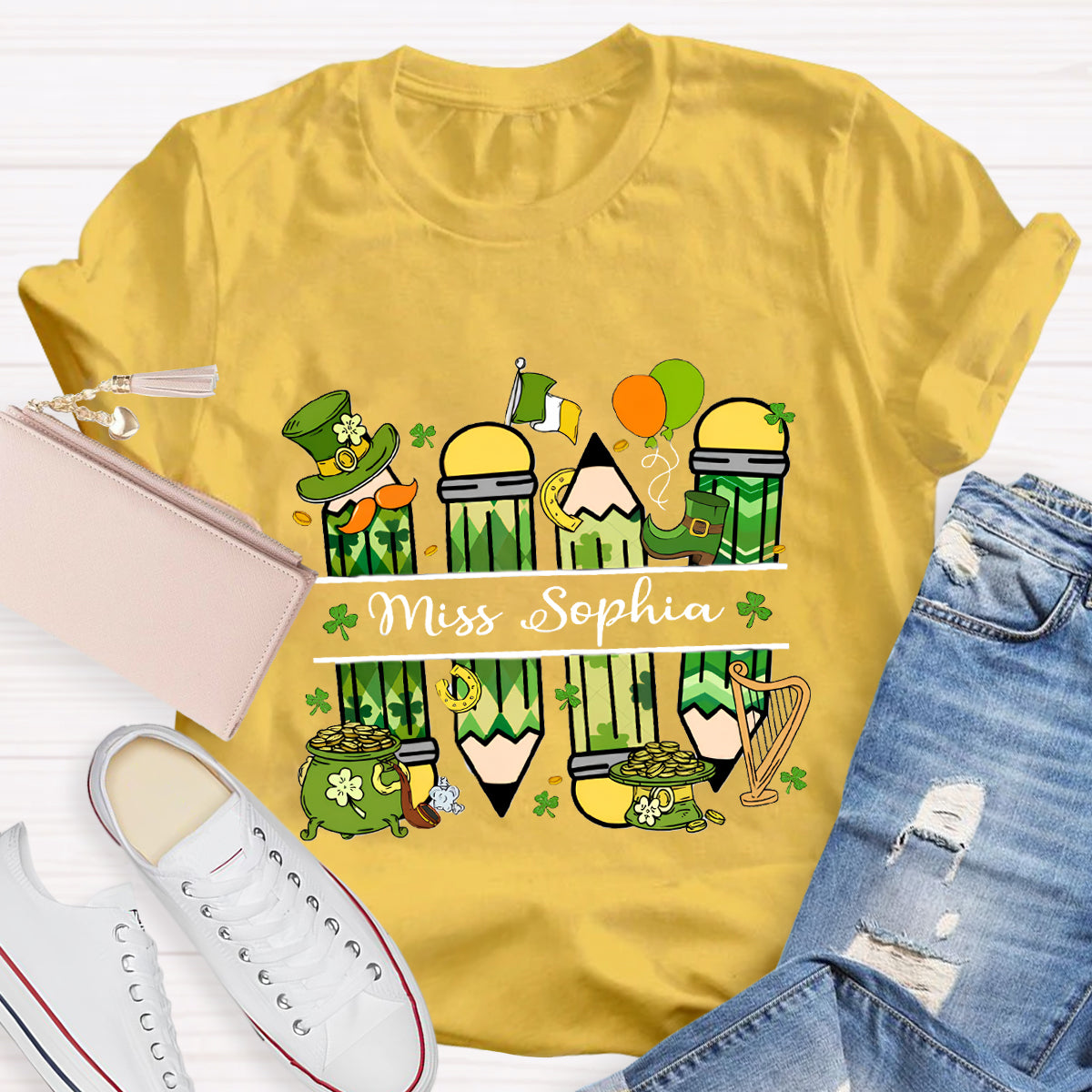 Personalized Name Green Pencil Teacher T-Shirt