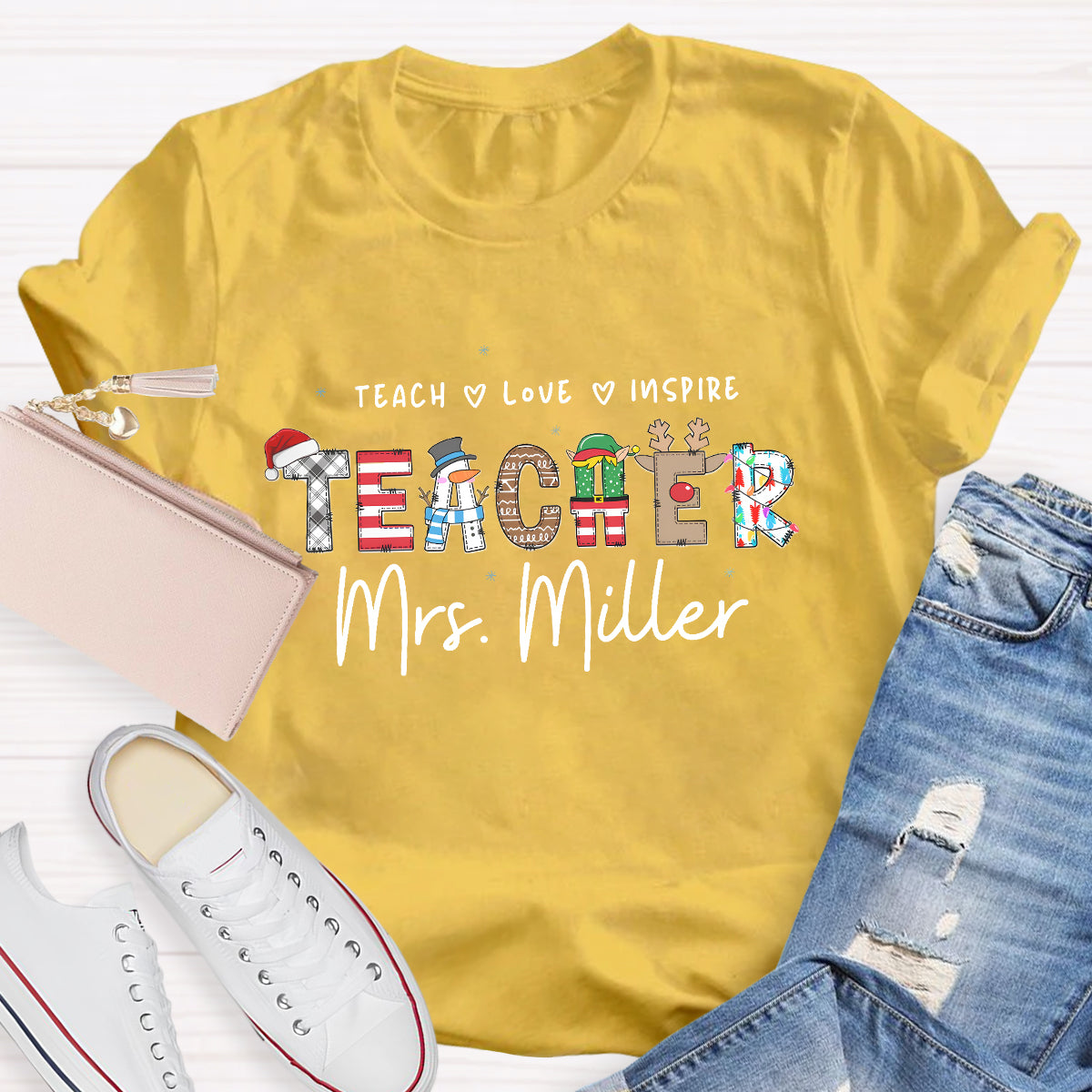 Personalized Teacher Name Teach Love Inspire T-Shirt