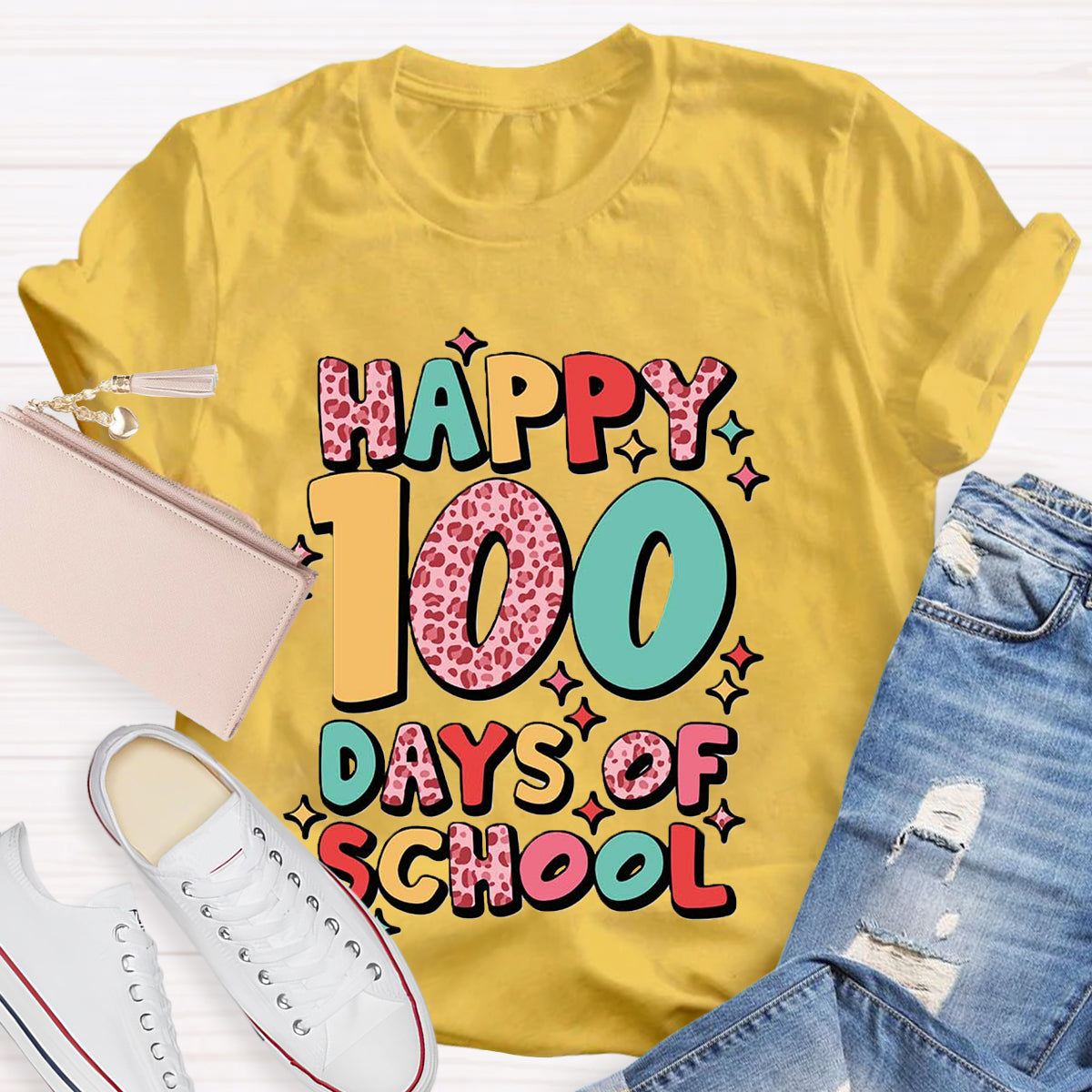 Pink Leopard Happy 100 Days Of School Teacher T-Shirt