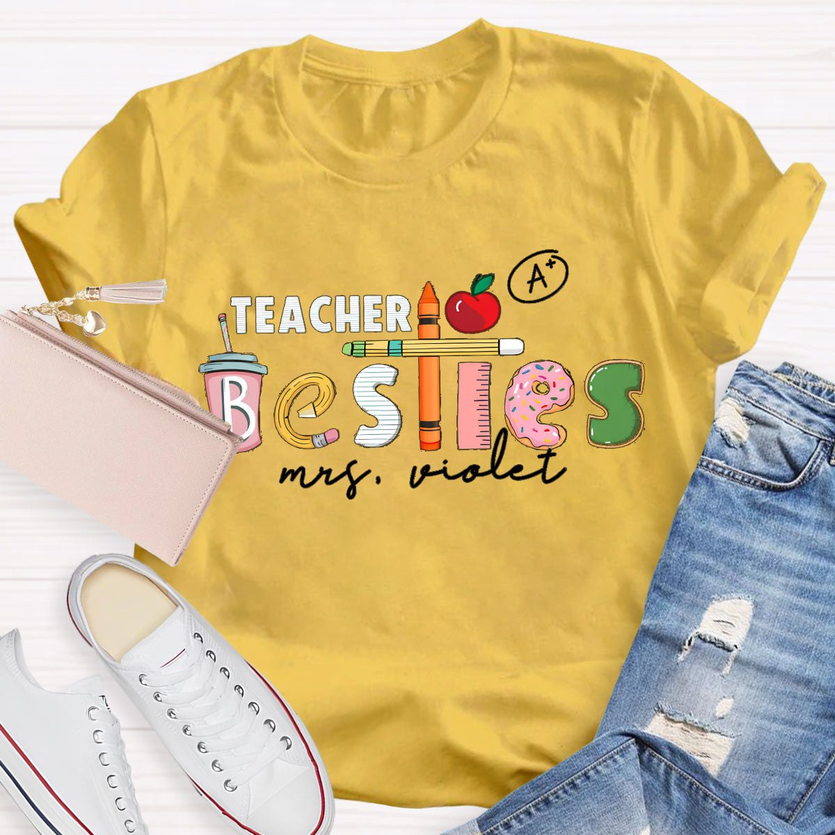 Personalized Name Apple Teacher T-Shirt