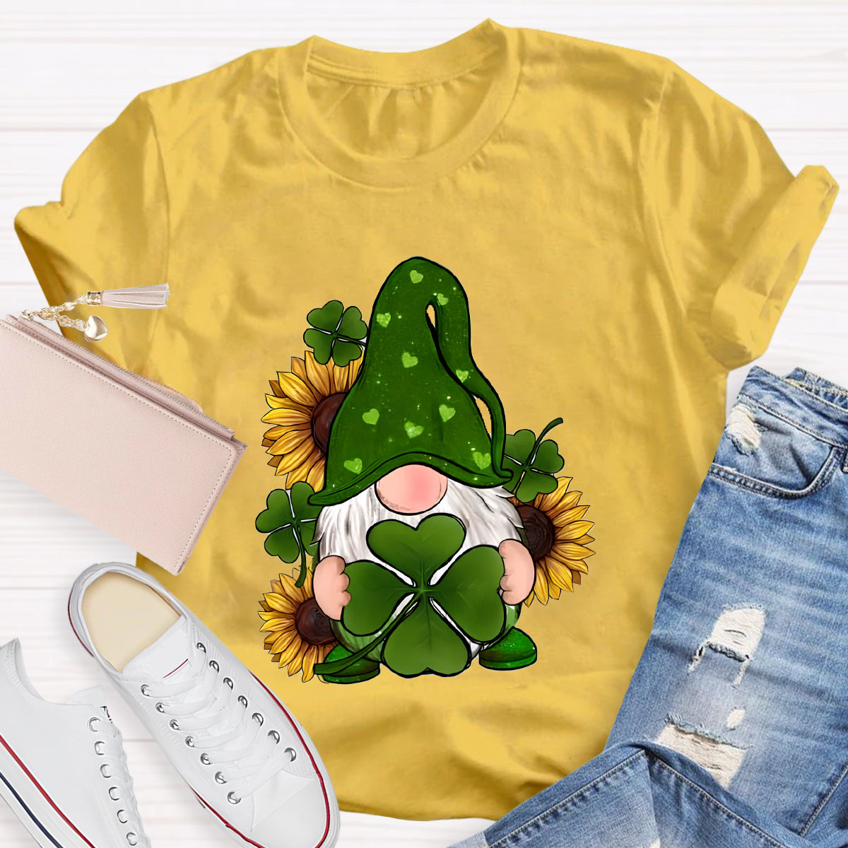 St. Patricks Day Gnome With Sunflowers Teacher T-Shirt