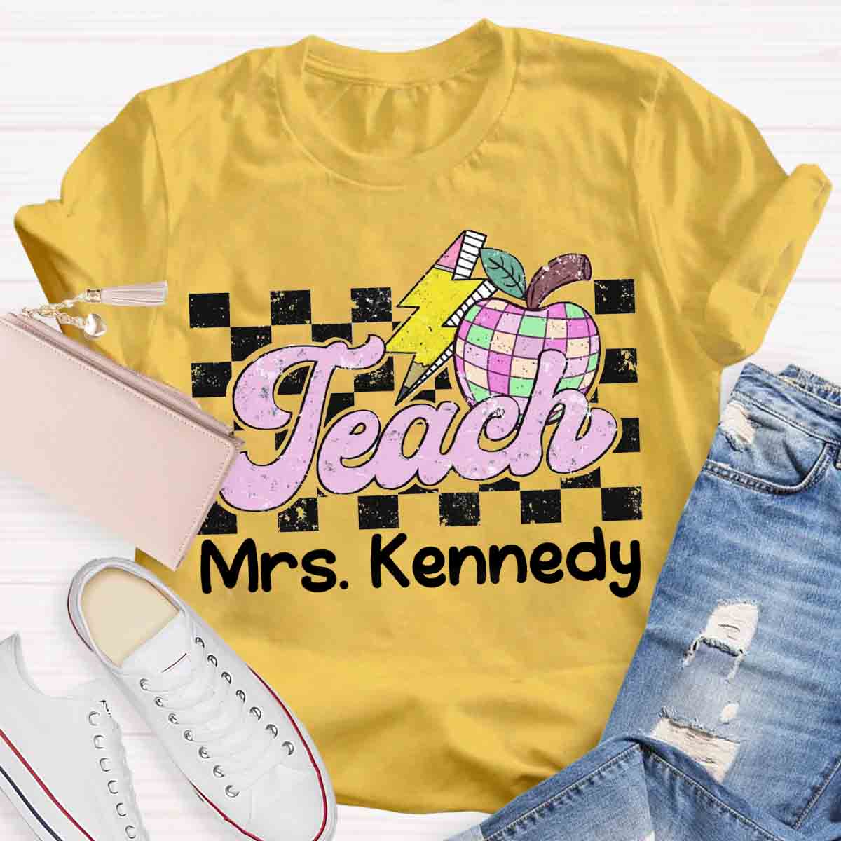 Personalized Teacher Name Retro Checkered Teacher T-Shirt