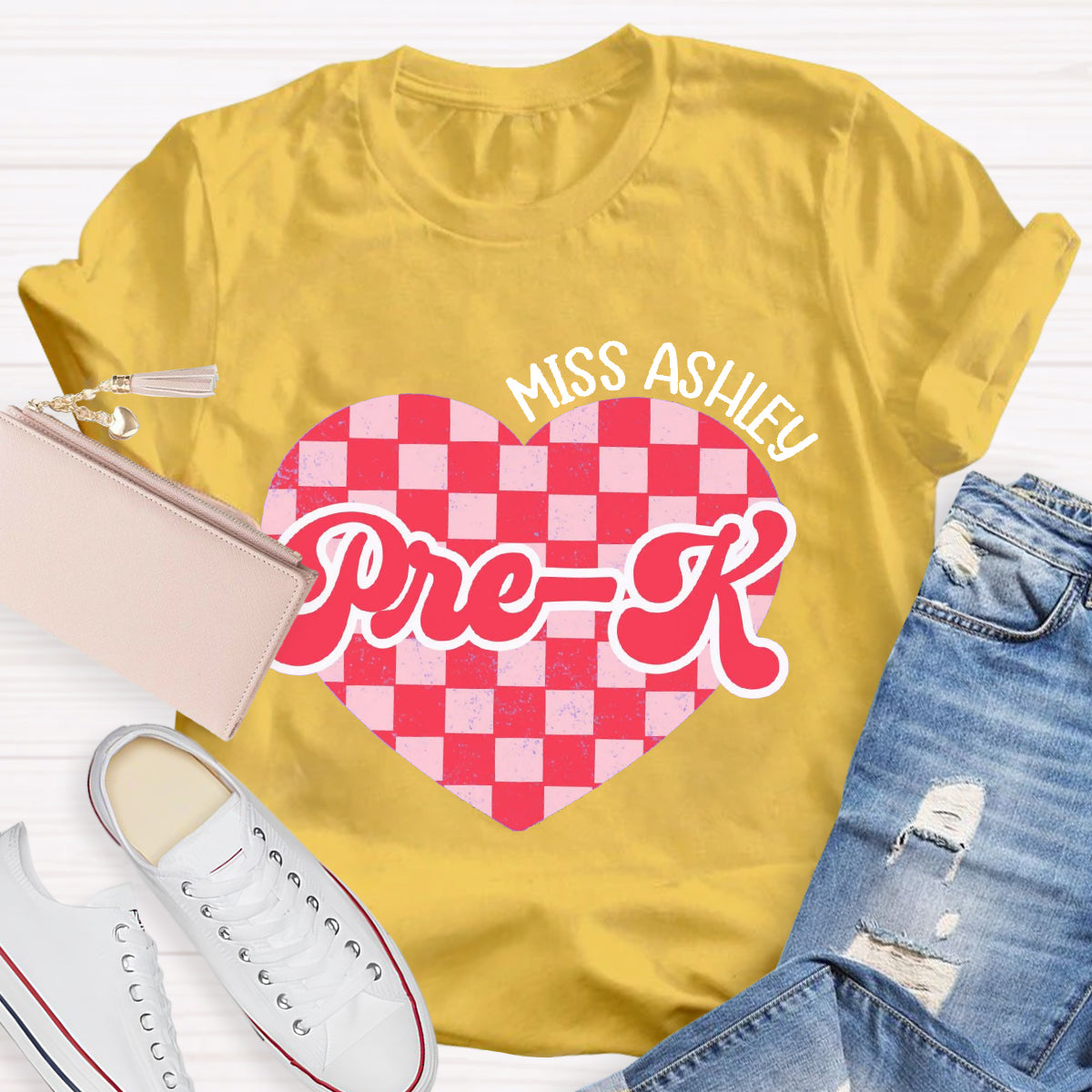 Personalized Name And Grade Pink Heart Teacher T-Shirt