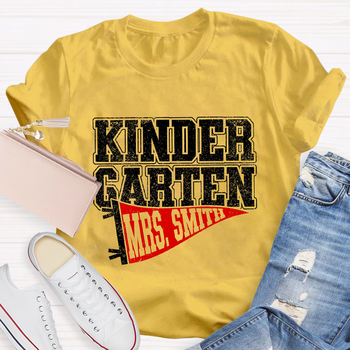 Personalized Grade And Name Flag Shaped Print Teacher T-Shirt