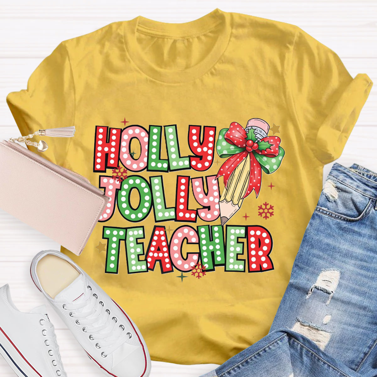 Holly Jolly Teacher Christmas Pencil T-Shirt