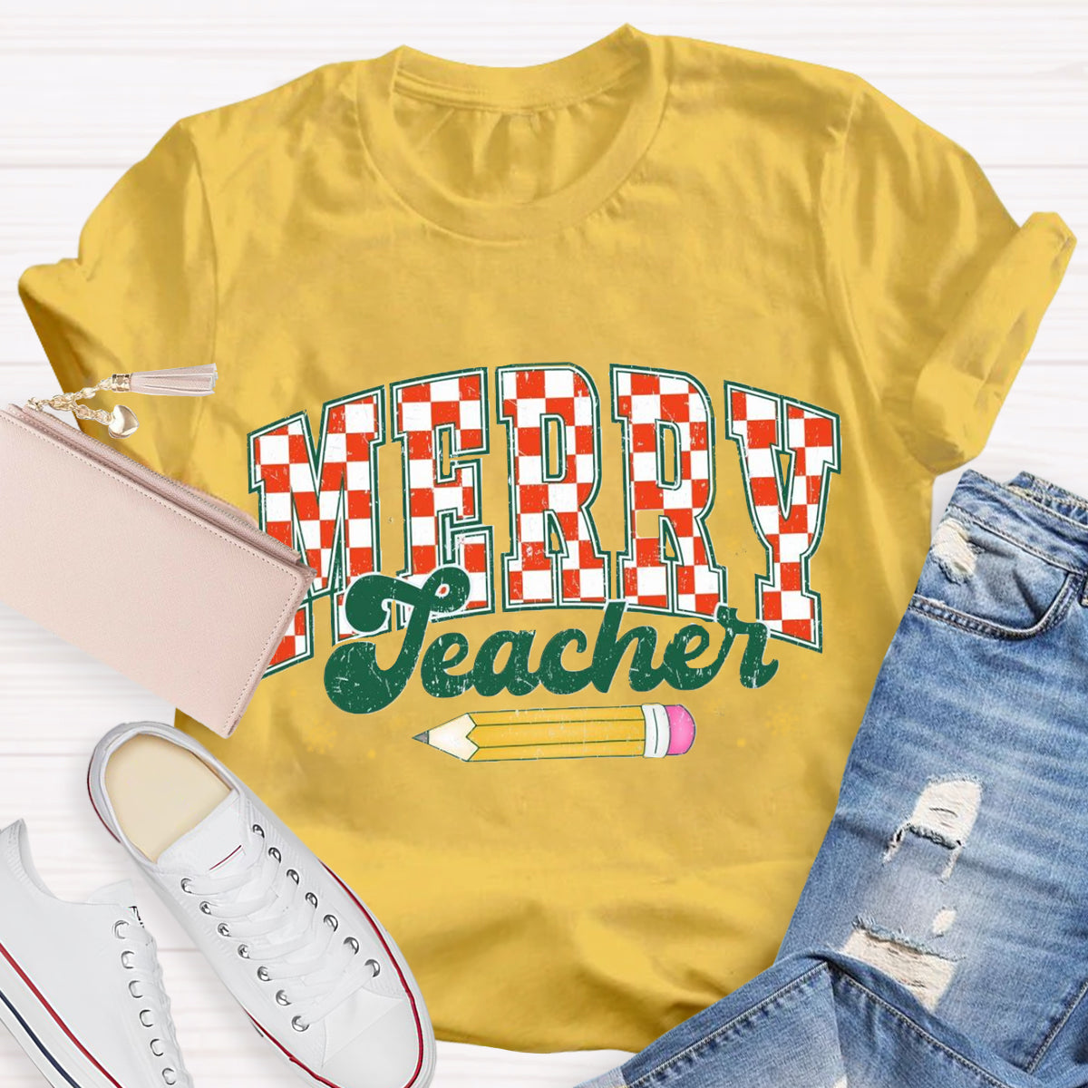 Merry Teacher Plaid Pencil T-Shirt