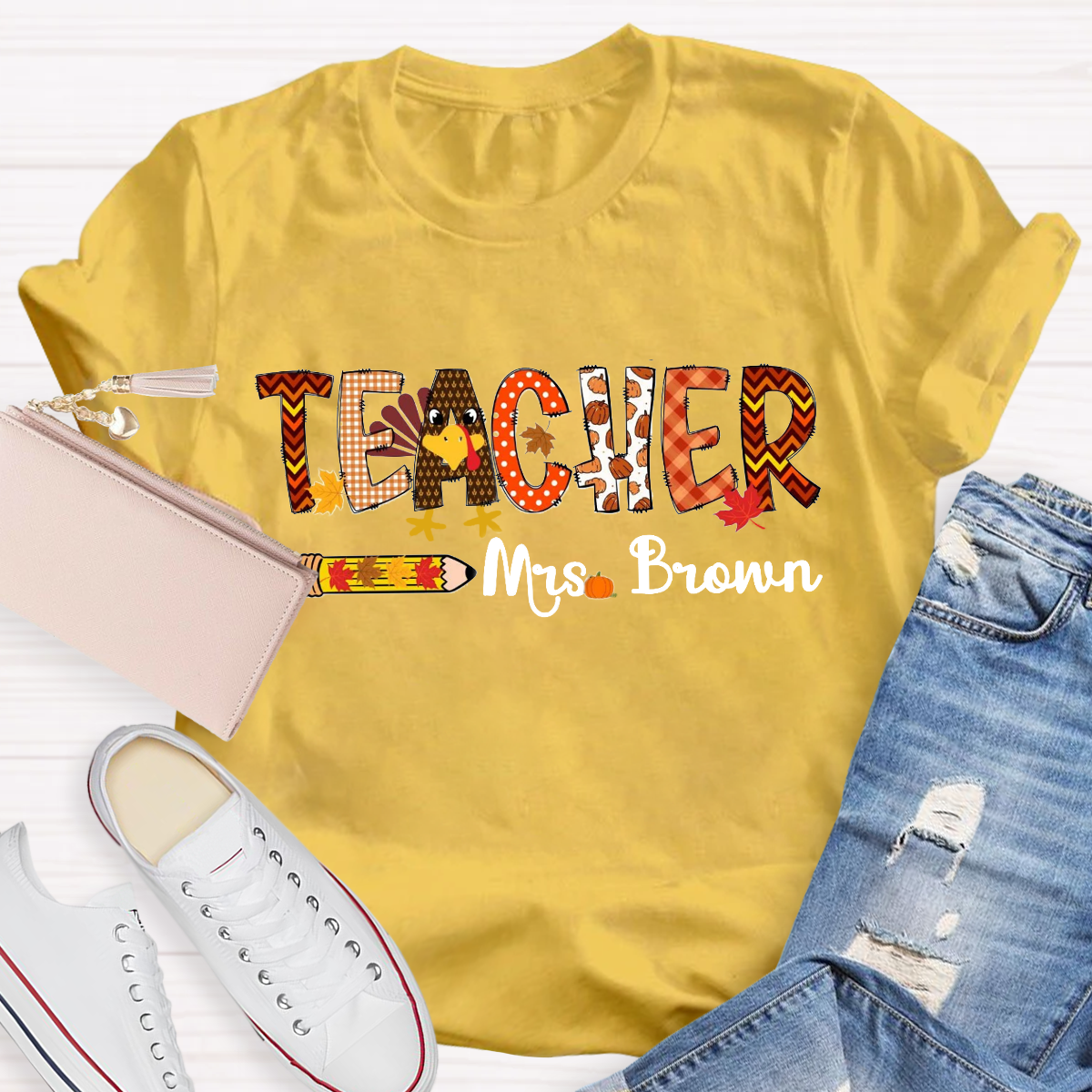 Personalized Name Thanksgiving Teacher T-Shirt