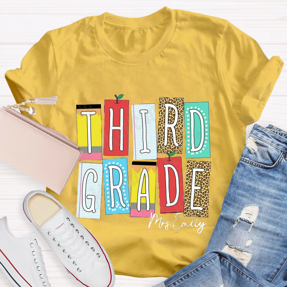 Personalized Grade And Name Leopard Color Block Teacher T-Shirt