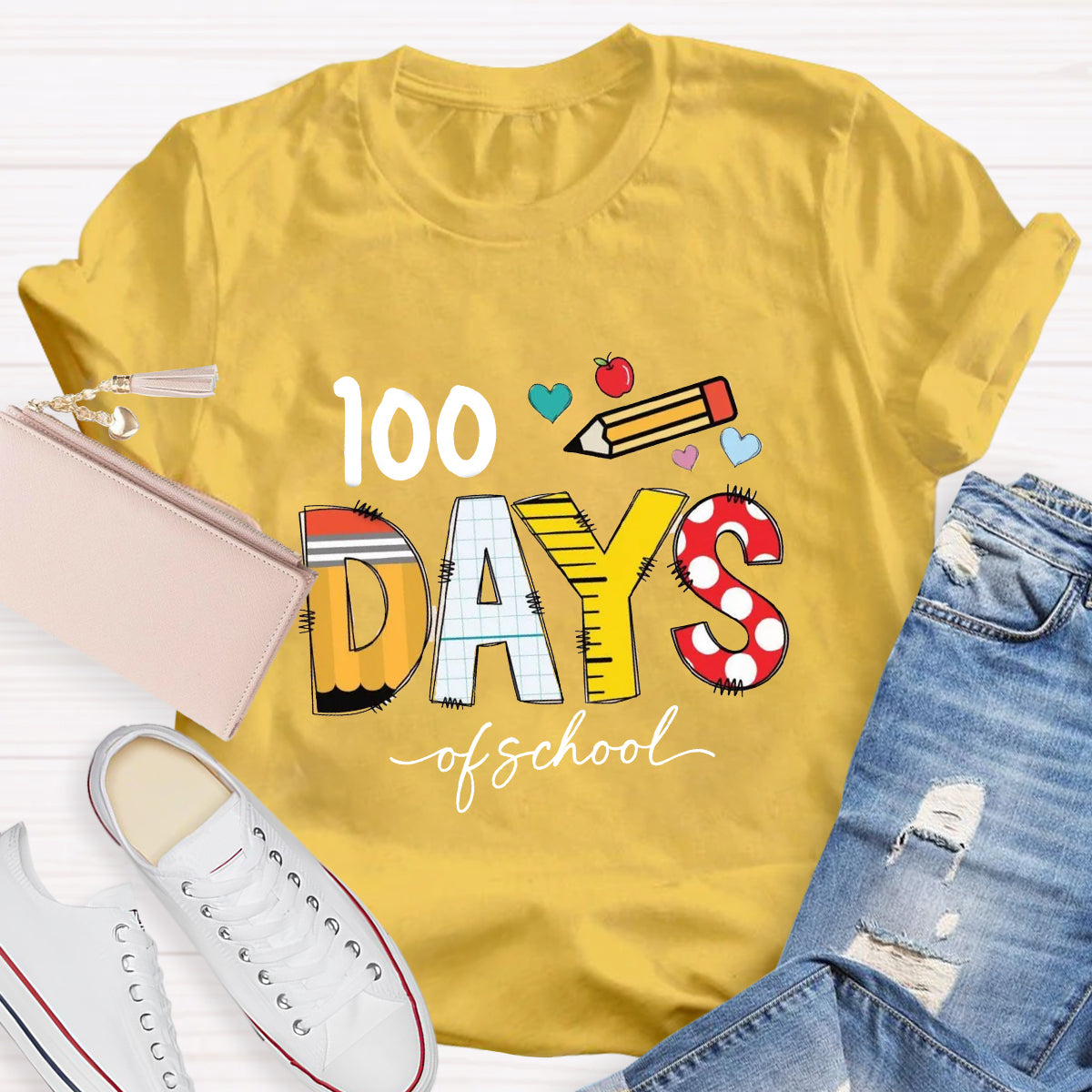 100 Days Of School Pencil Apple Teacher T-Shirt