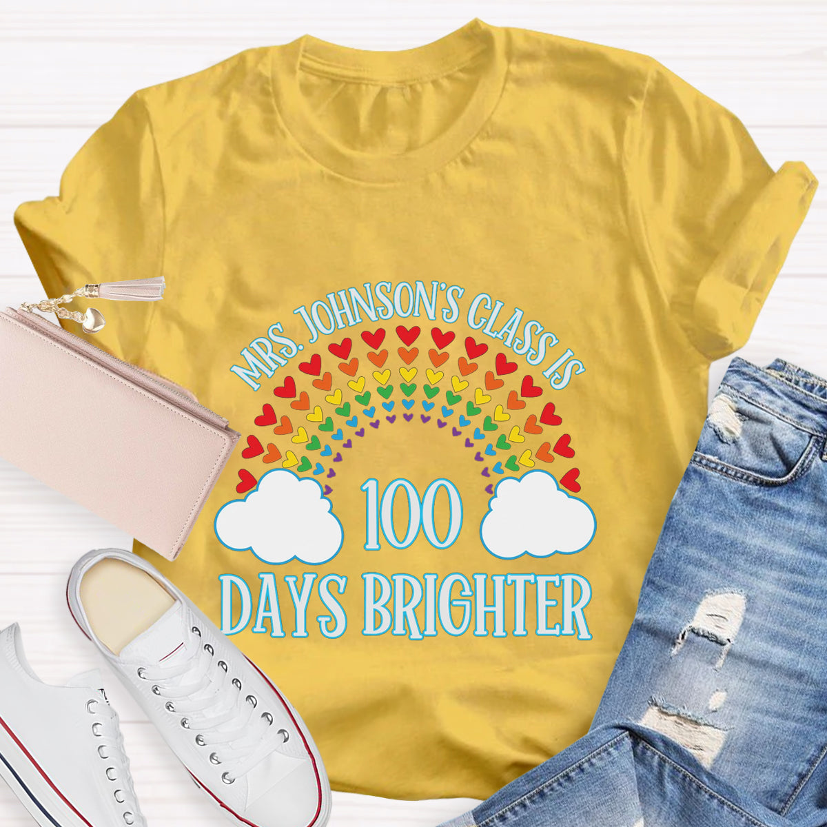 Personalized Name Teacher Class 100 Days Brighter T-Shirt