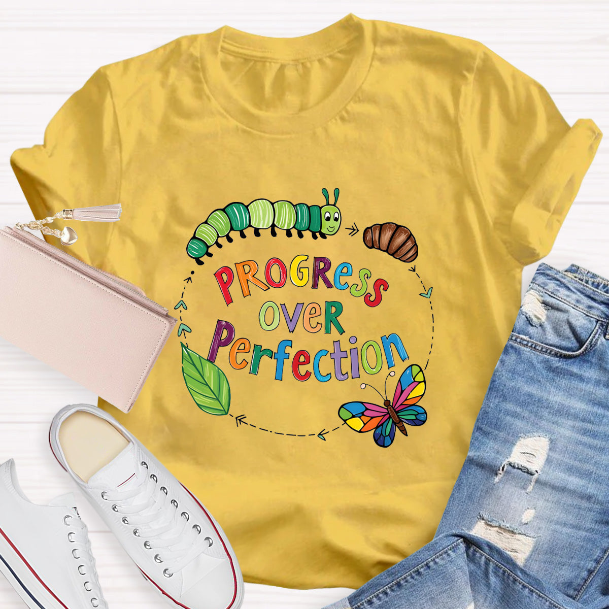 Progress Over Perfection Butterfly Teacher T-Shirt