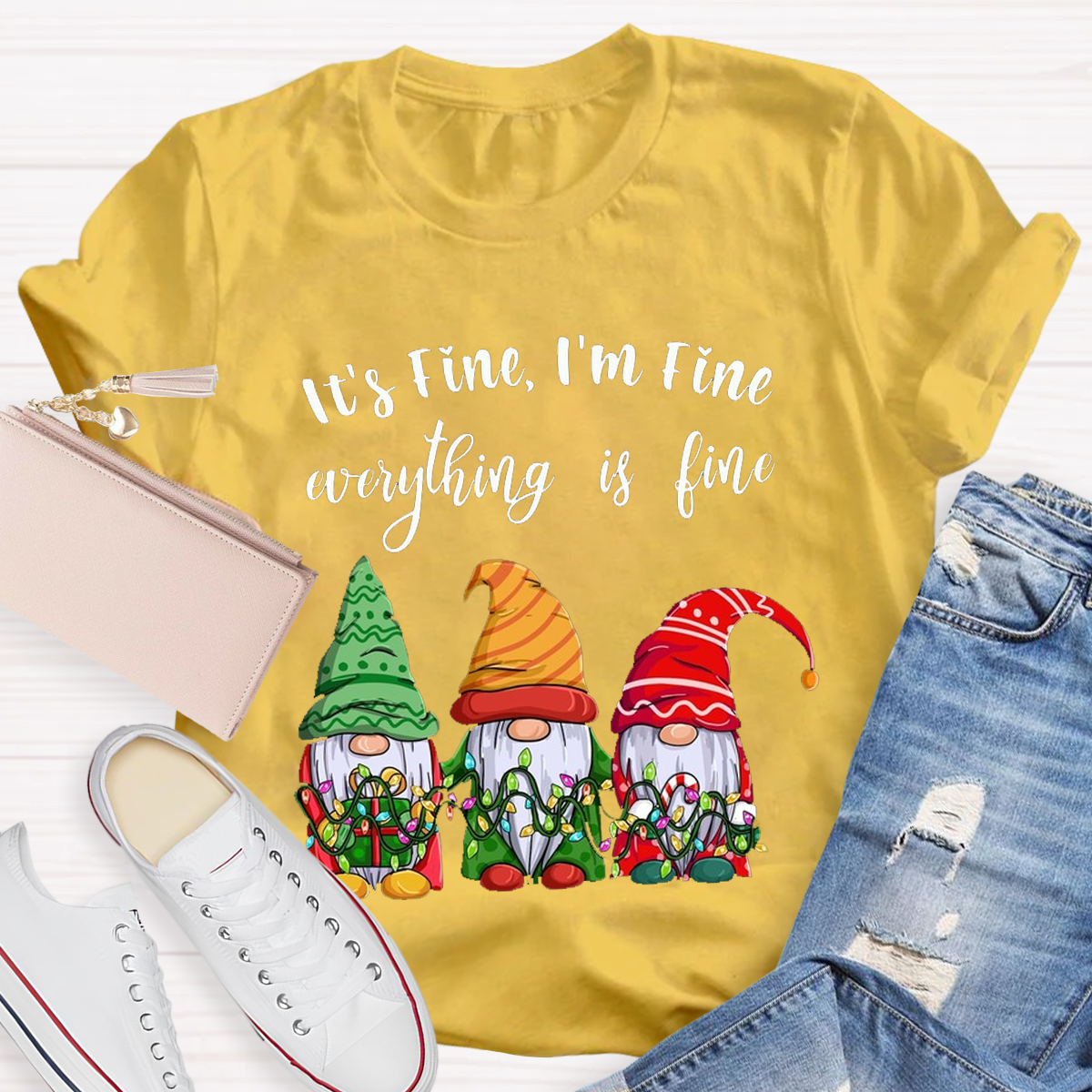 It's Fine I'm Fine Everything Is Fine Gnome Christmas Teacher T-Shirt