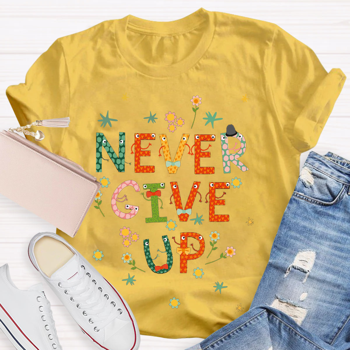 Cute Floral Never Give Up T-Shirt