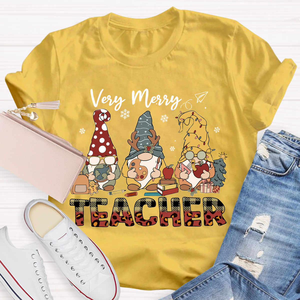 Very Merry Teacher Christmas Gnomes T-Shirt