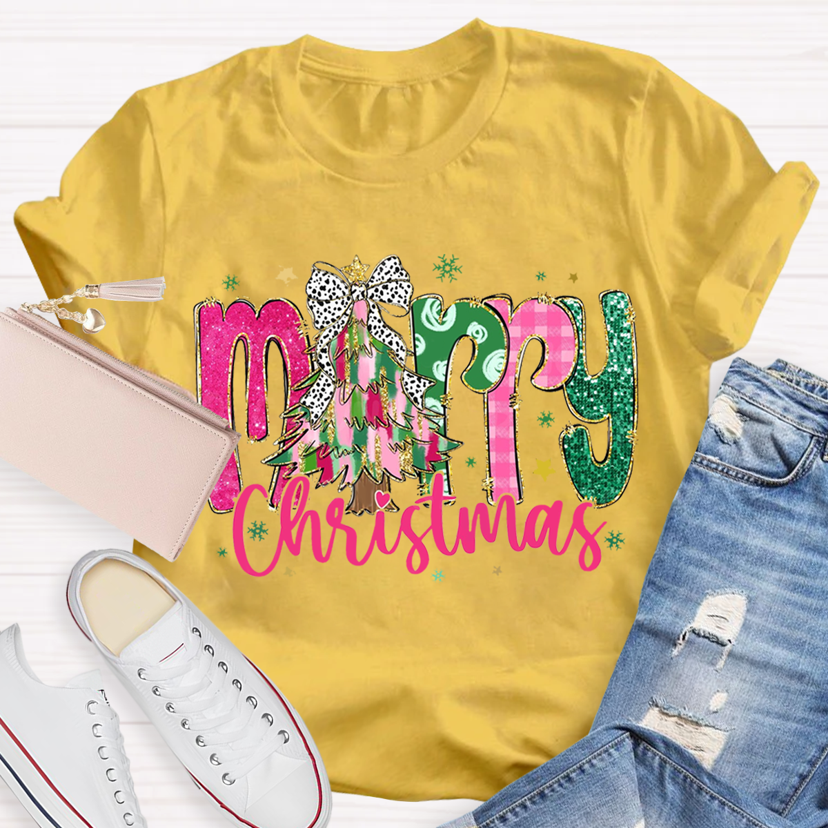 Colorful Glitter Merry Christmas Teacher T-Shirt