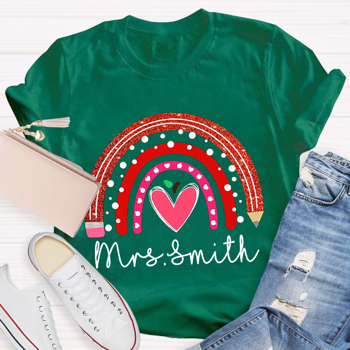 Personalized Name Rainbow Pencil Heart-Shaped Apple Teacher T-Shirt