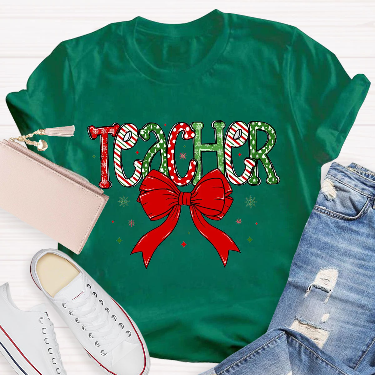 Christmas Bow Doodle Teacher T-Shirt