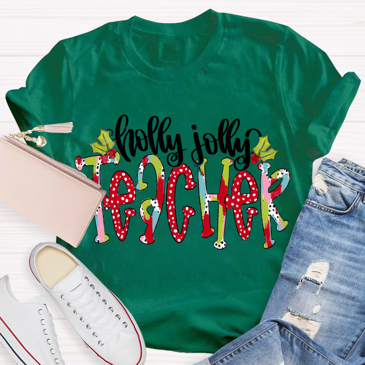 Holly Jolly Teacher Christmas Brushstrokes Dalmatian Dots Hand Lettered Teacher T-Shirt