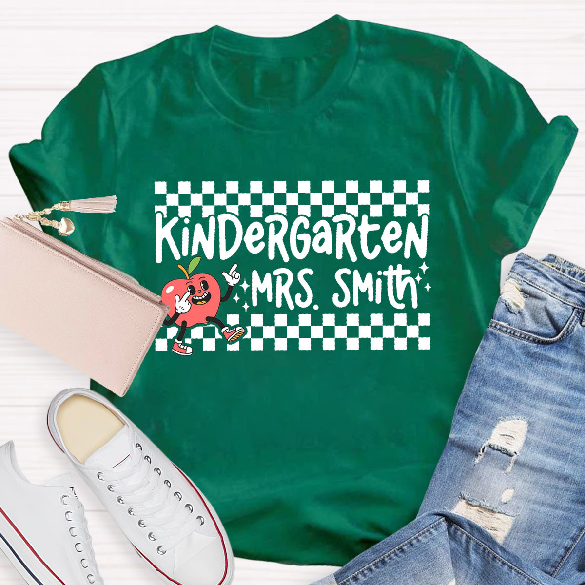 Personalized Grade And Name Chessboard pattern Apple Teacher T-Shirt