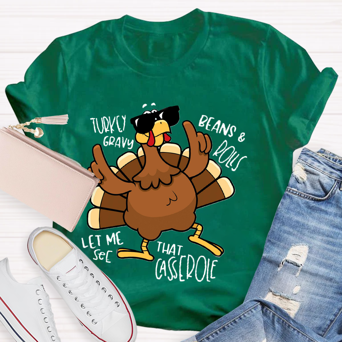 Turkey Gravy Beans Rolls Thanksgiving Teacher T-Shirt