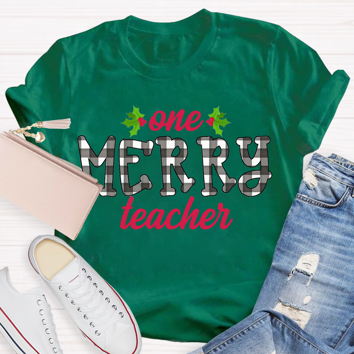 One Merry Teacher Christmas Plaid T-Shirt