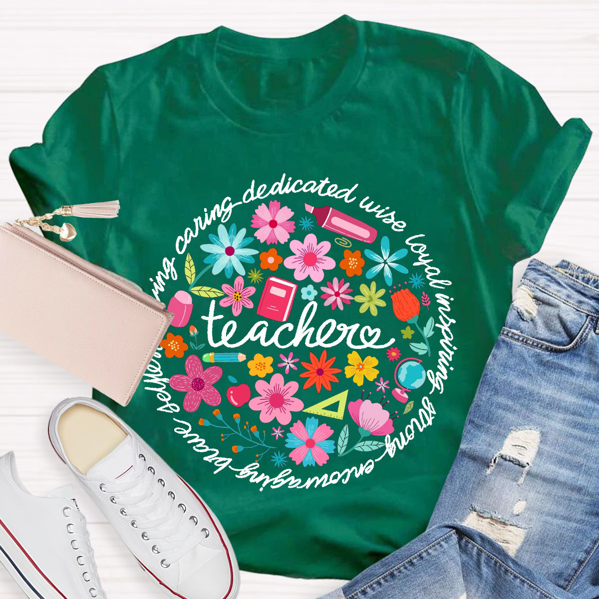 Loving Caring Dedicated Floral Teacher T-Shirt