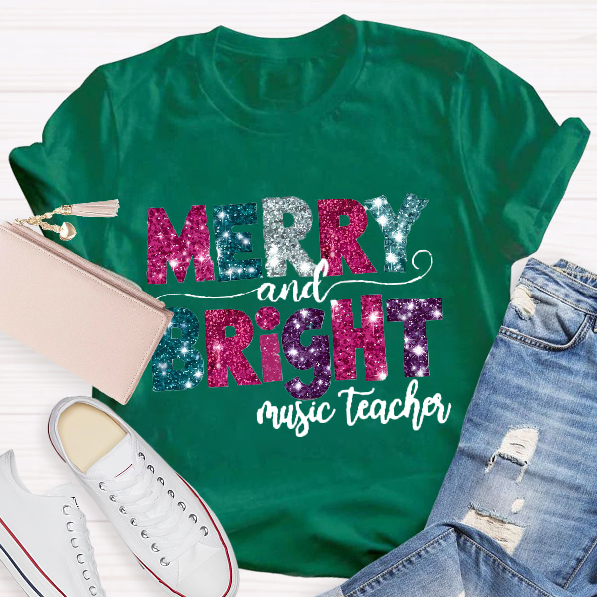 Personalized Subject Merry and Bright Teacher  T-Shirt