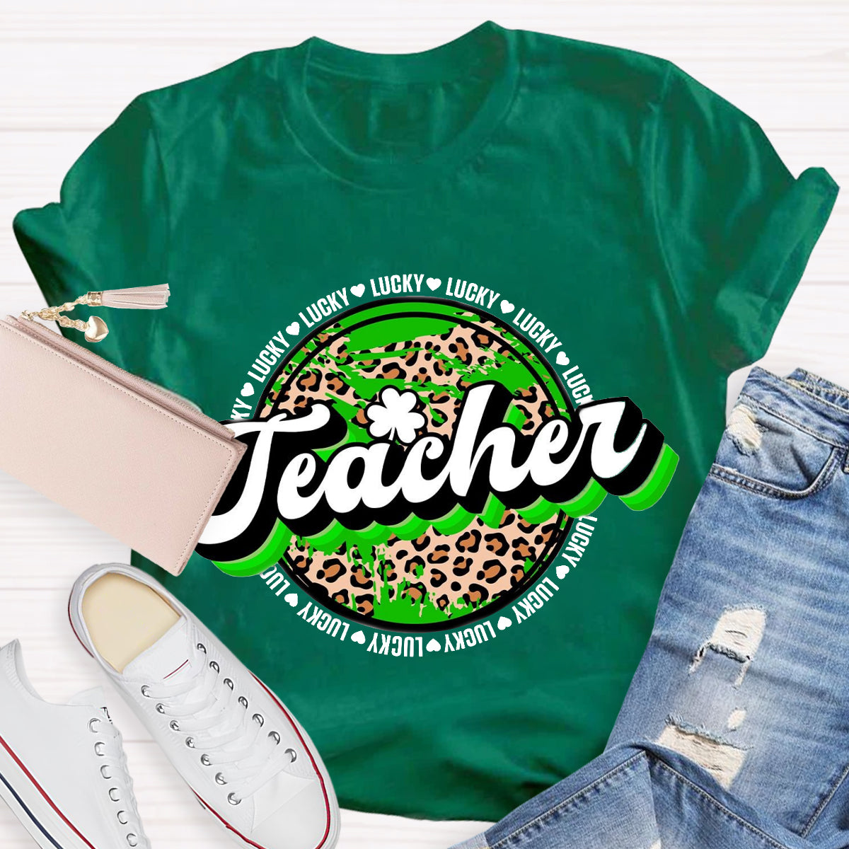 St. Patrick's Day Lucky Leopard Shamrock Teacher T-Shirt