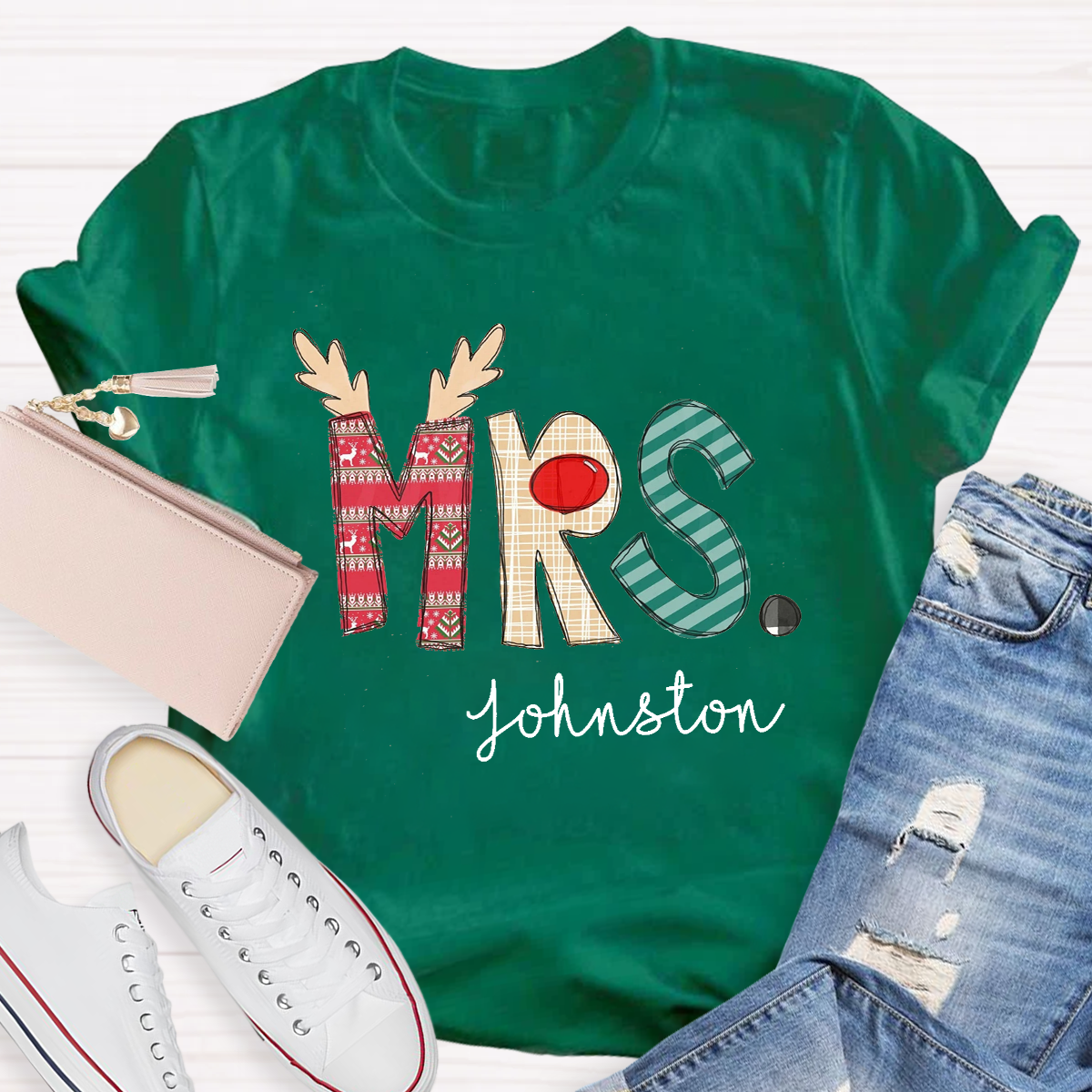 Personalized Christmas Classic Pattern Teacher Name Teacher T-Shirt