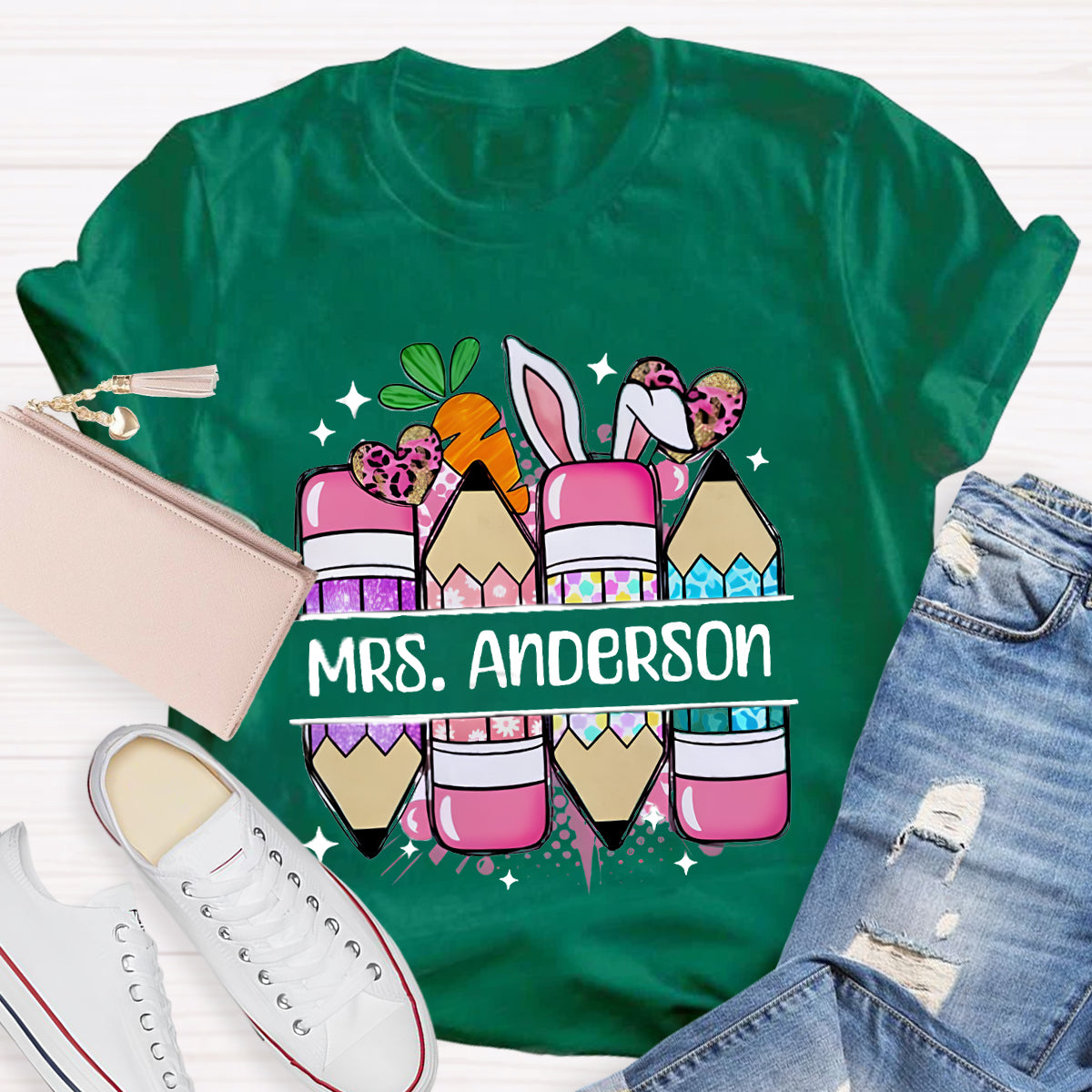 Personalized Name Cute Easter Pencils Teacher T-Shirt