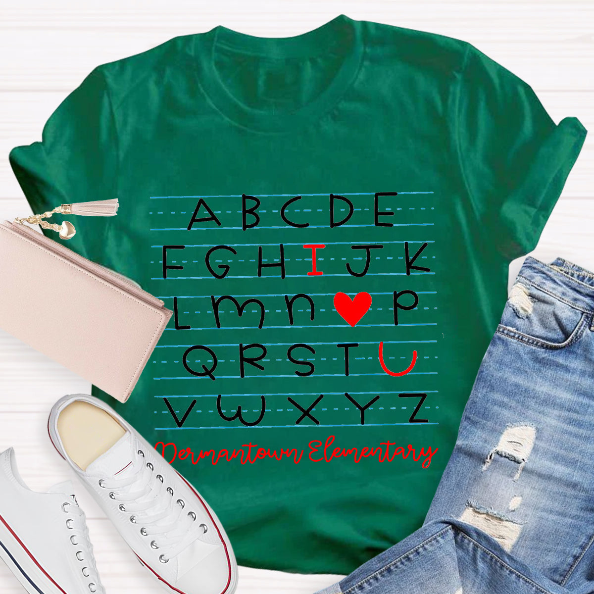 Personalized School Name I Love You Alphabet Teacher T-Shirt