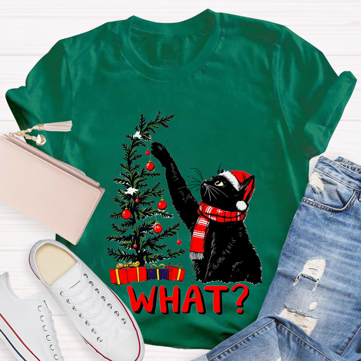 Black Cat Pushing Christmas Tree T-Shirt