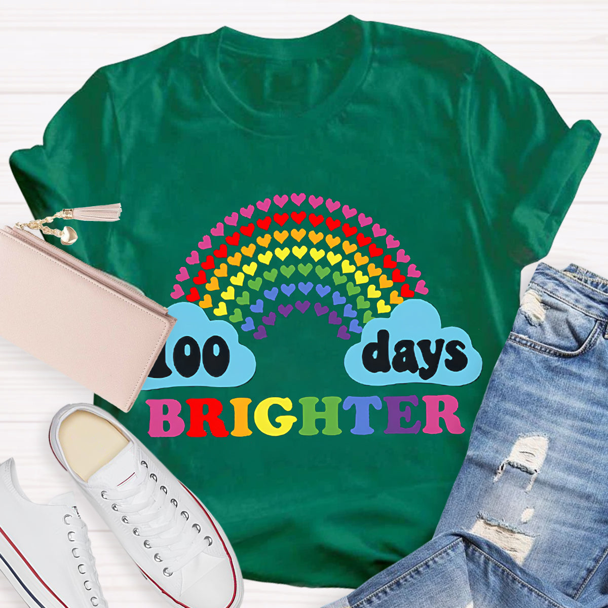 100 Days Brighter Heart Rainbow Teacher T-Shirt