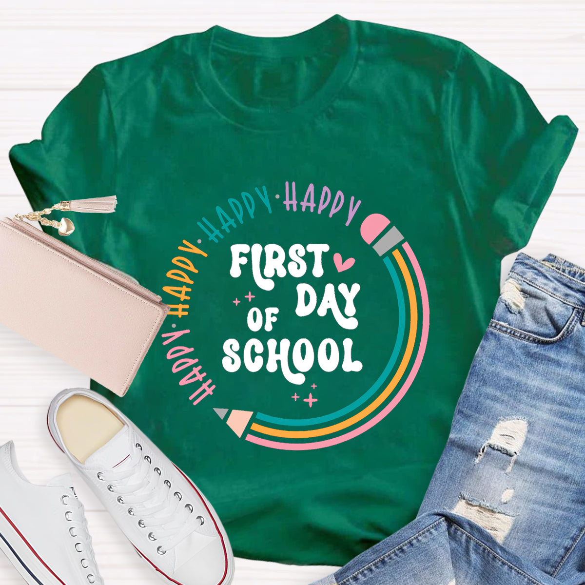 Happy First Day Of School Pencil Circle Teacher T-Shirt